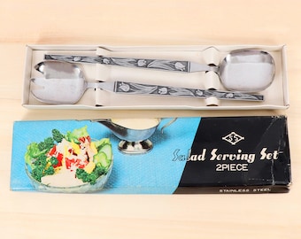 Vintage Japanese Salad Serving Set – 2 Piece Stainless Steel Servers with Floral Handles – Mid Century Modern Flatware