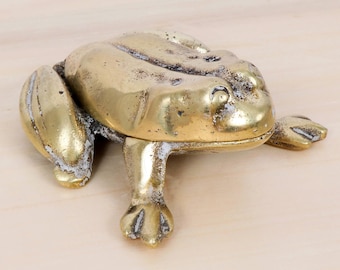 Frog Trinket Box – Hinged Frog Figurine – Small Storage Box / Jewelry Holder – Rustic Patina – Vintage Solid Brass