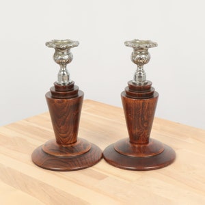 2 candle holders / candle sticks || Vintage wood || Silver color metal  / EPNS || Set of two