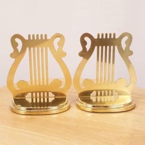 2 Bookends || Music themed design || Vintage Style Solid brass || Fabric base || Set of two || Harp / Lyre