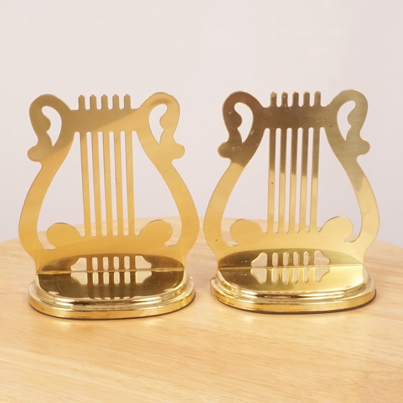 2 Bookends Music Themed Design Vintage Style Solid Brass Etsy
