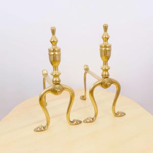 Vintage Brass Fireplace Andirons – Pair of Fire Dogs with Leaf Feet – Classic Hearth Decor