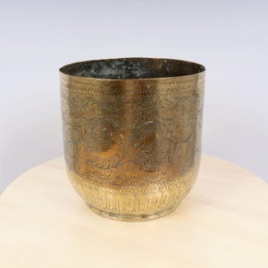 Vintage Solid Brass Planter / Flower Pot with Handmade Engravings – Hindu Goddess & Birds Design