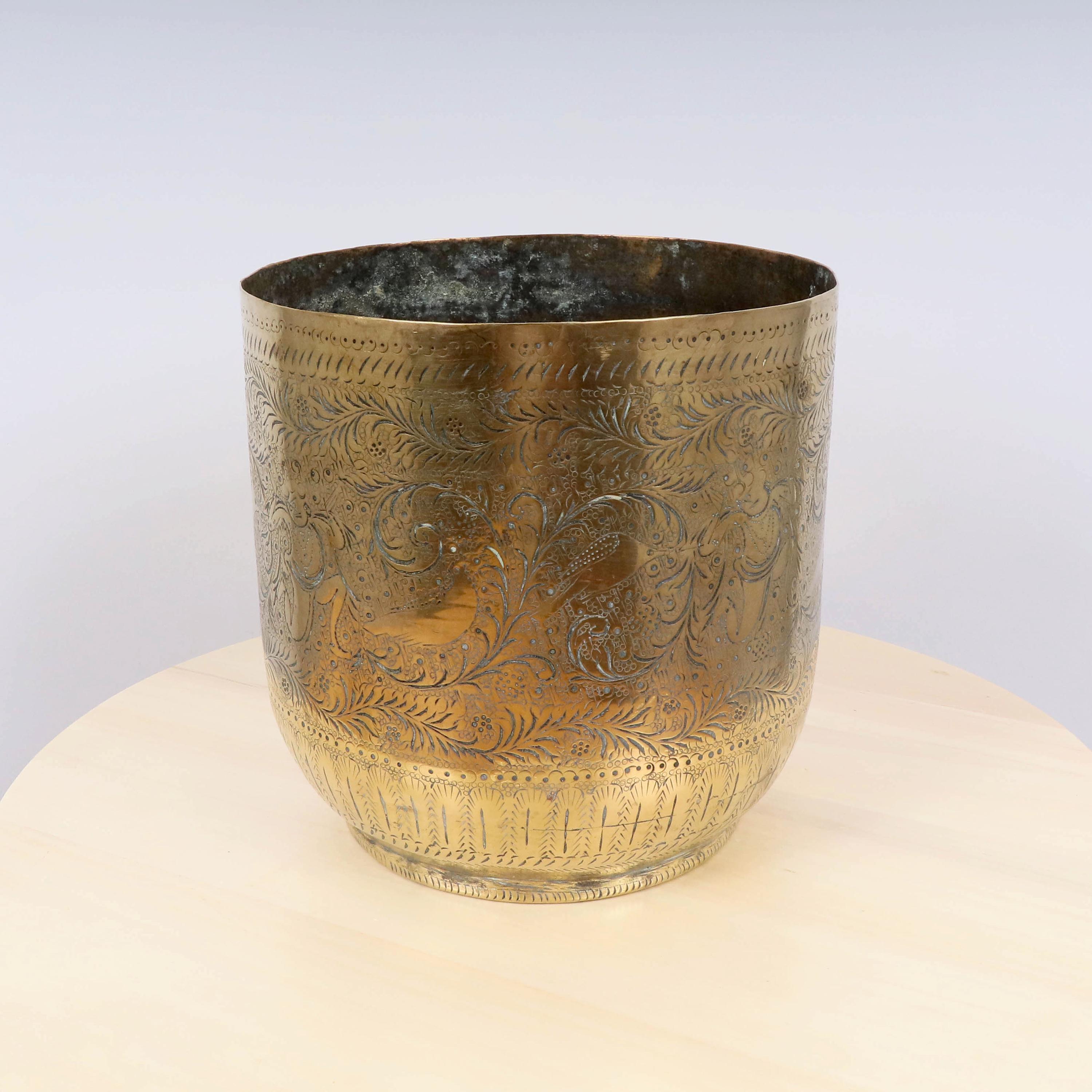 Vintage Solid Brass Planter / Flower Pot with Handmade Engravings – Hindu Goddess & Birds Design
