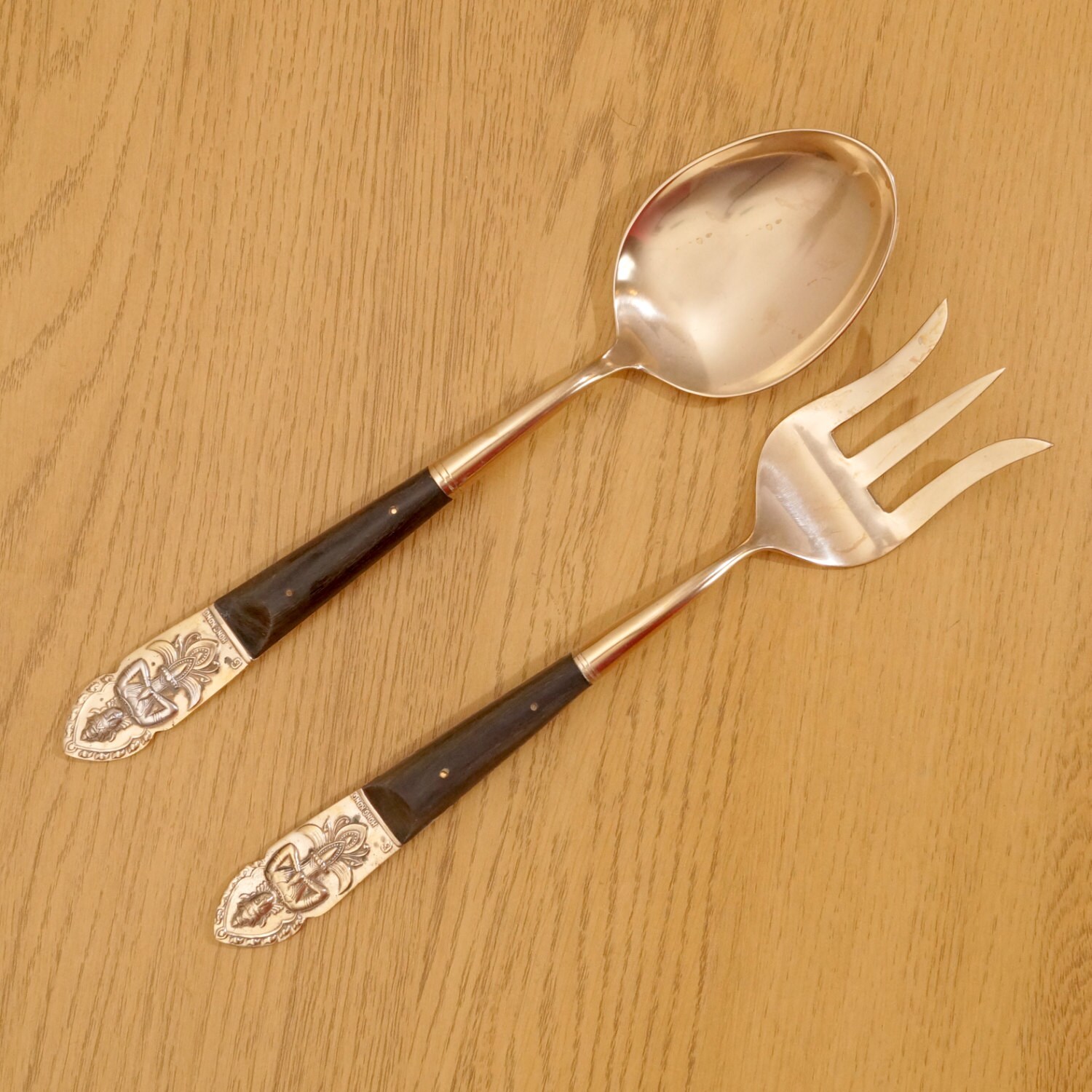 Spoon and Fork Vintage Serving Set Brass and Wood Etsy