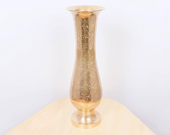 Large Vintage Solid Brass Engraved Vase – 42 cm Tall Indian Floral Etched Metal Vase – Mid Century Boho Home Decor, Statement Floor Vase