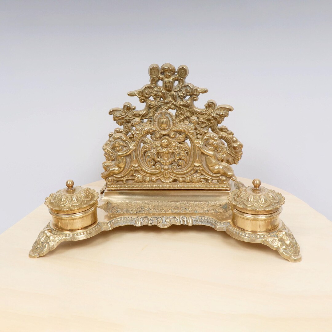 Calligraphy Rak Vintage Brass Letter Rack With Inkwells – Ornate Floral Design – Desk ...