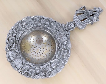 Vintage Silver colour metal plated on brass Tea Strainer with Decorative Ship Handle | Unique Antique Collector's Item