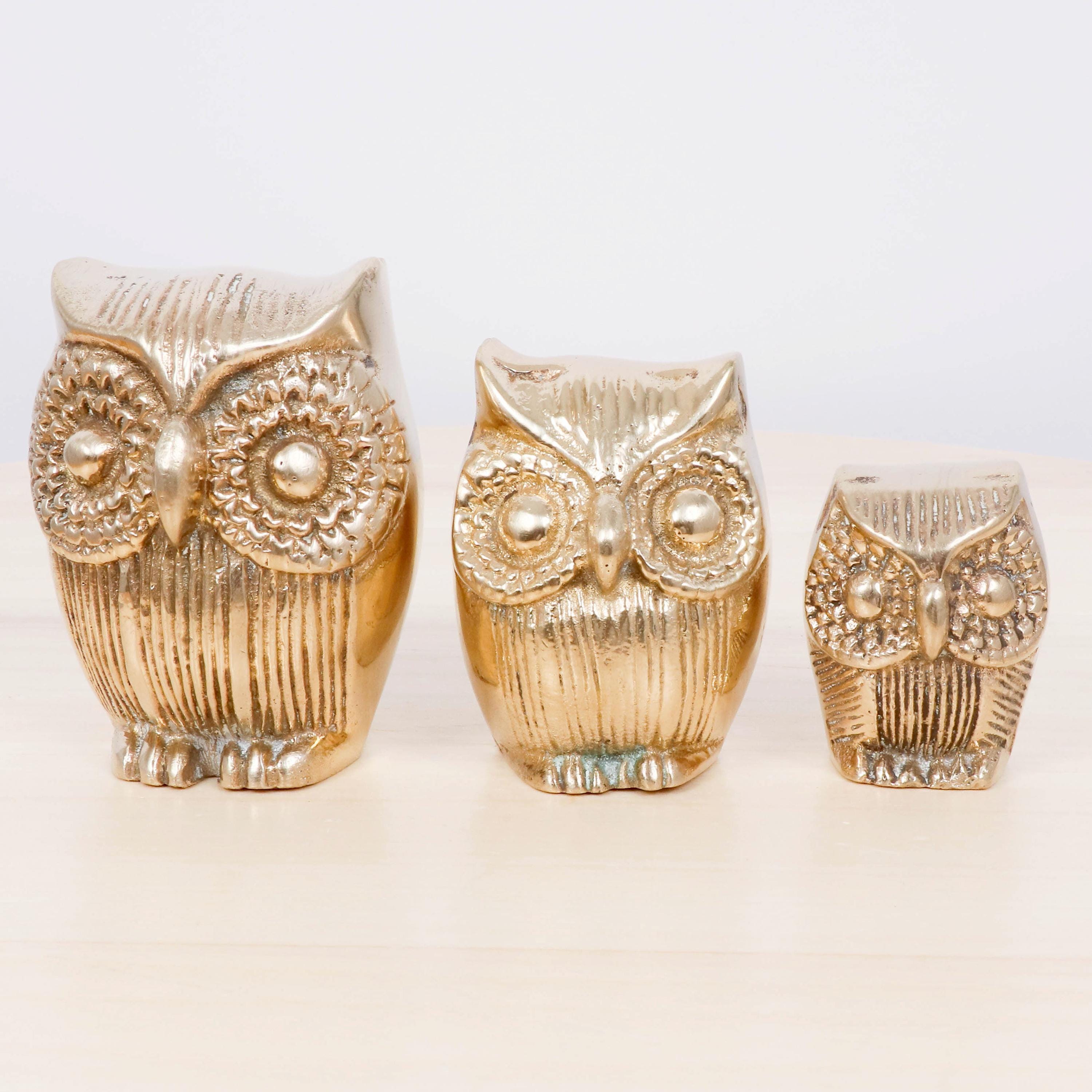 Vintage Solid Brass Owl Figurines Set of 3, Heavy Brass Owl Statues, Mid Century Owl Decor, Brass Bi