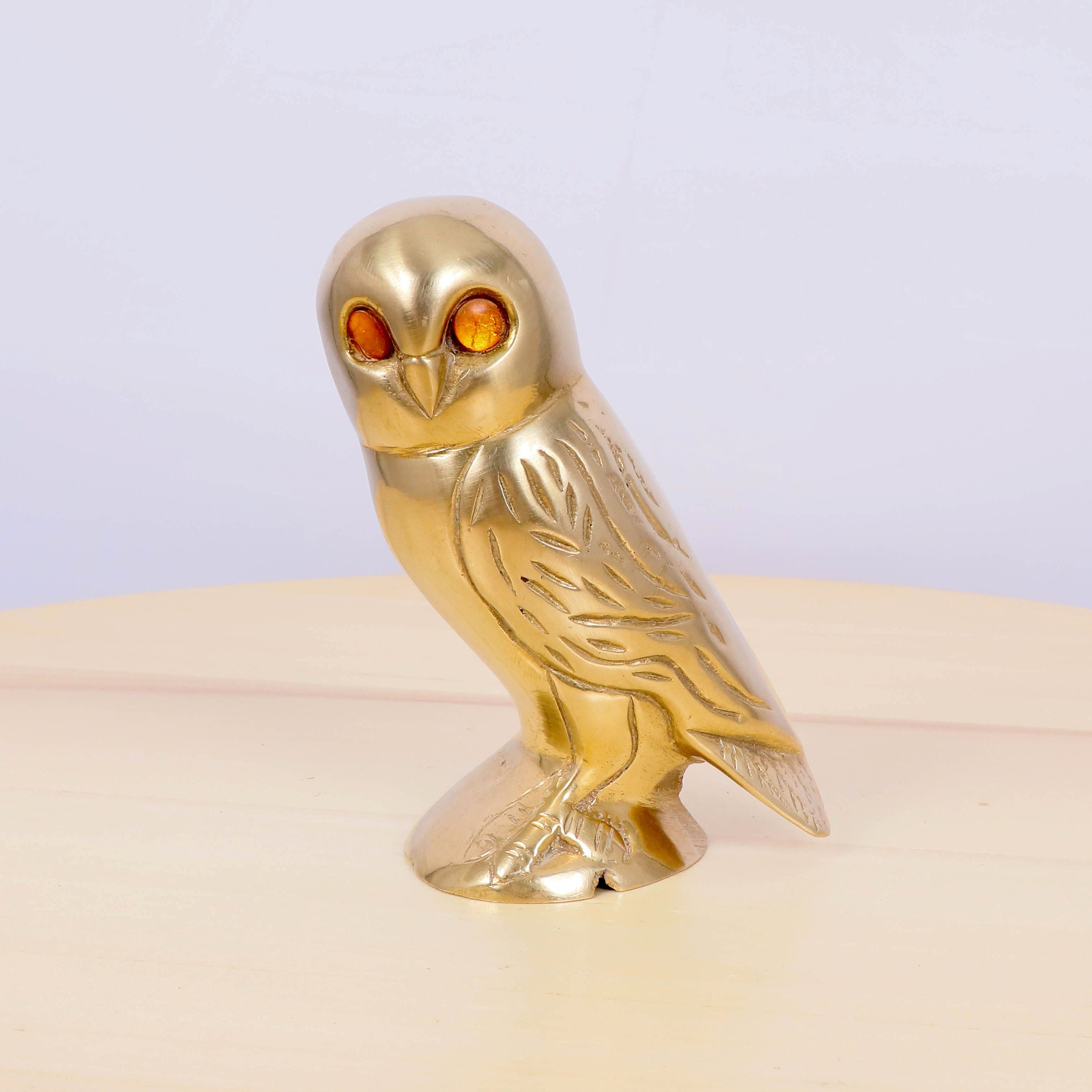Owl sculpture / figurine || vintage solid brass || Quite heavy || With orange glass eyes