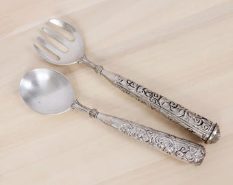 Vintage versilberte Salatbesteck Set | Kunstvoller Servierlöffel & Gabel | Barock Blumen Griff | Hohlheft-Besteck