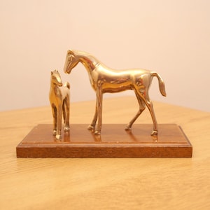 Solid brass vintage sculpture of two Horses || wooden base || Made in Taiwan