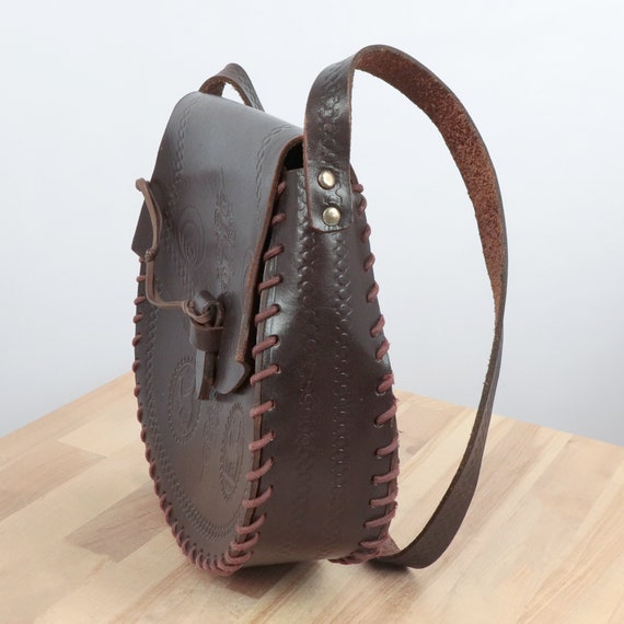 Leather  Bag || Vintage Handmade Real Leather shoulder bag / messenger || Dark brown leather || Pressed camel pictures View 6