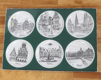 GEGR 1849 Uhlenhorst Munster Coaster Building Scenes / Set van 6 keramische kleine borden in een originele doos || Vintage