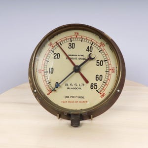 Antique Pressure Gauge Bourdons patent || Vintage Brass Frame || lbs per inch ||  feet head of water
