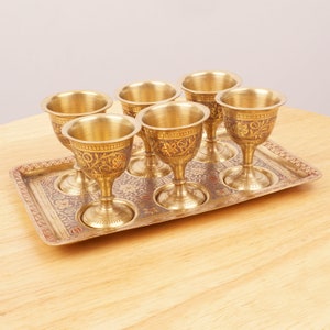 Wine / spirit serving set || 6 glasses and a tray || Vintage solid brass || Floral enamel design || Set of six