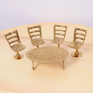 Miniature table and 4 chair set || brass || four small chairs and a table || very detailed floral pattern