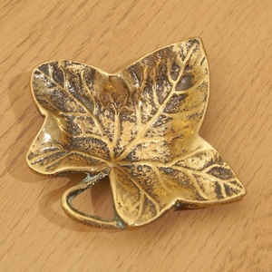 Könnte beinhalten: Eine Schale aus Messing in Blattform mit einem detaillierten Design. Die Schale ist hellgoldfarben und hat eine strukturierte Oberfläche.