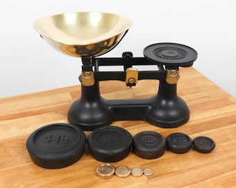 Vintage Frederick Hill & Co Birmingham Balance Scales with 8 Weights | Brass Tray | Cast Iron Kitchen Scales | Apothecary Decor