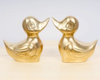 Set of 2 Vintage Brass Duck Figurines | Solid Brass Mid-Century Animal Sculptures | Decorative Pair of Brass Ducks
