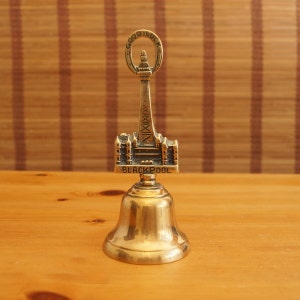 Vintage brass desk bell with decorative rod / handle || Blackpool || Made in England