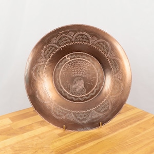 30 cm Copper bowl / tray / plate/ wall hanging || Vintage copper plaque with an handmade engravings: abstract ornaments and village