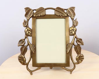 Cadre photo floral vintage en laiton avec support en bois - Support pour photo