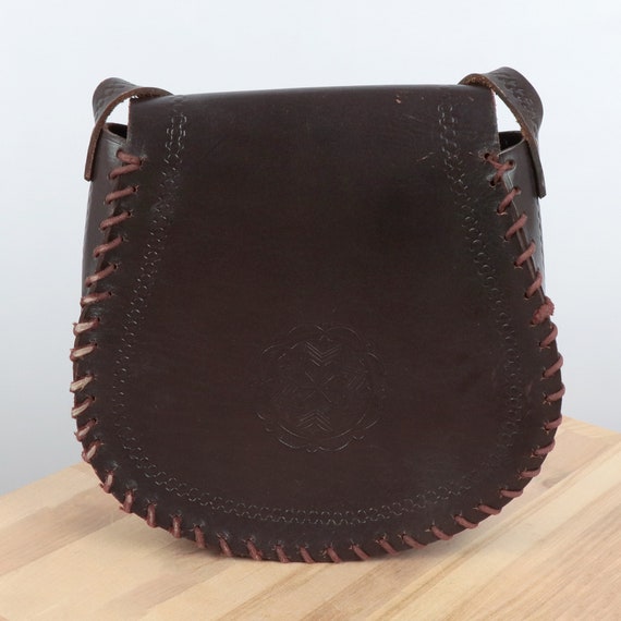 Leather  Bag || Vintage Handmade Real Leather shoulder bag / messenger || Dark brown leather || Pressed camel pictures View 4