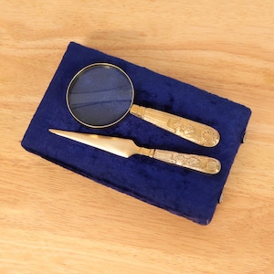 Magnifying Glass and Letter opener / envelope knife || Vintage solid brass || original box