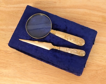 Magnifying Glass and Letter opener / envelope knife || Vintage solid brass || original box