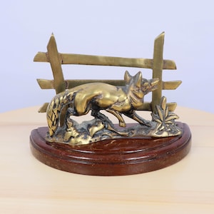 Porte-lettres / Enveloppe / Porte-carte de visite || Renard à la conception de la clôture || vintage en laiton massif et bois
