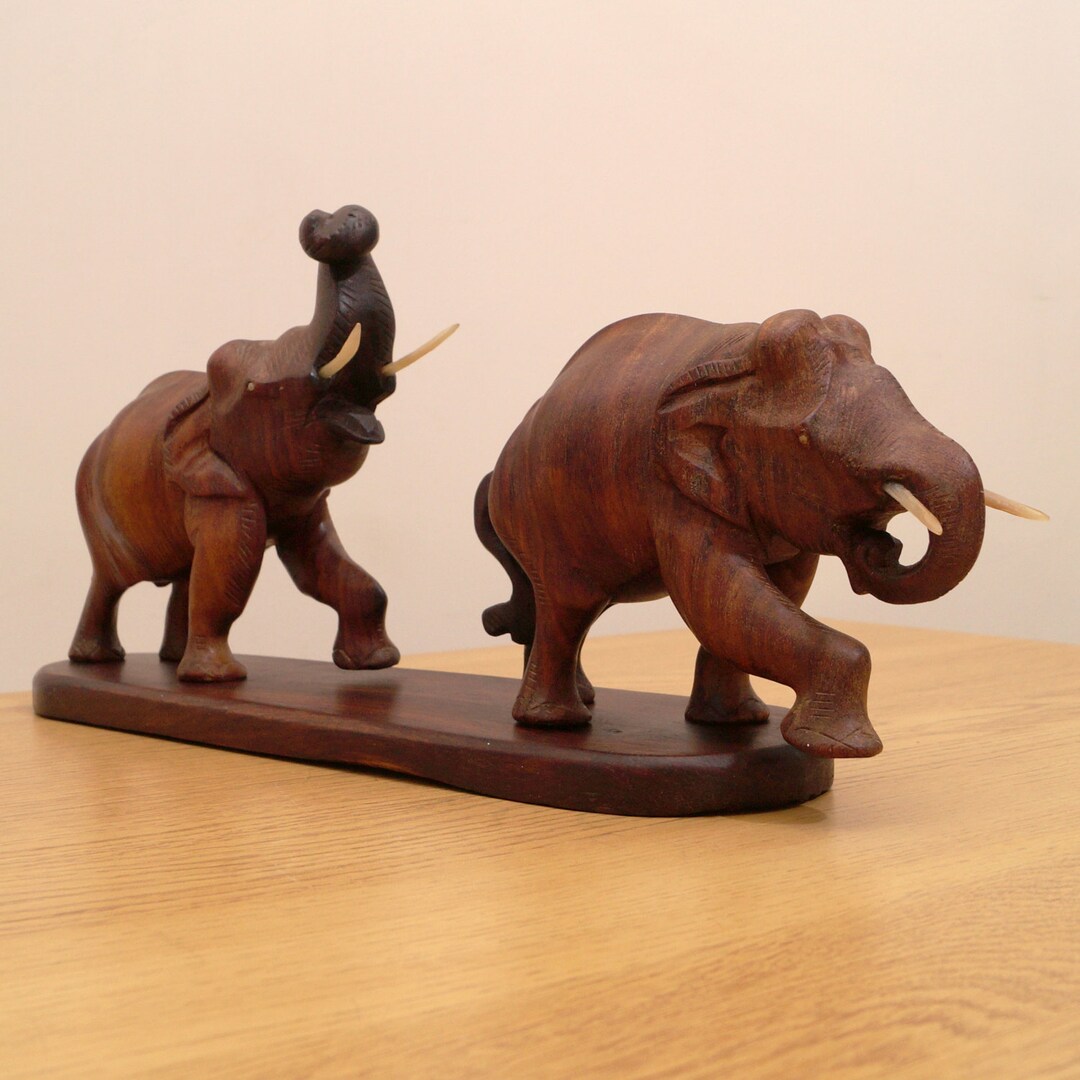 Vintage Wood Elephants Walking After Each Other || Dark Brown Wood ...