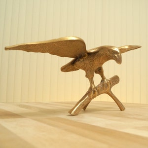 Eagle on Branch Figurine / Sculpture || Vintage solid brass large bird figurine / brass bird with wide wings