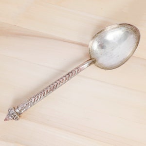 May include: A silver serving spoon with an ornate handle. The spoon has a rounded bowl and a pointed end.