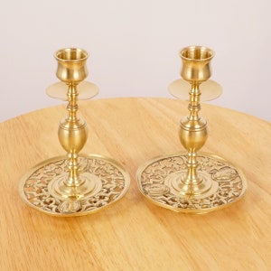 2 Candle Holders / Candlestick holders || Vintage solid brass || set of two || Floral design on the lower tray / plate || lace cut design