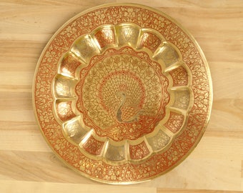 23 cm Peacock Plate / Dish / Tray / Wall hanging || Vintage Solid Brass || Floral and bird design || Handmade engravings || Red enamel