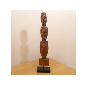 Large Wood 3 Face Statue / Vintage Figurine / African statuette / handmade carving / Folk Art / Display Home Decor