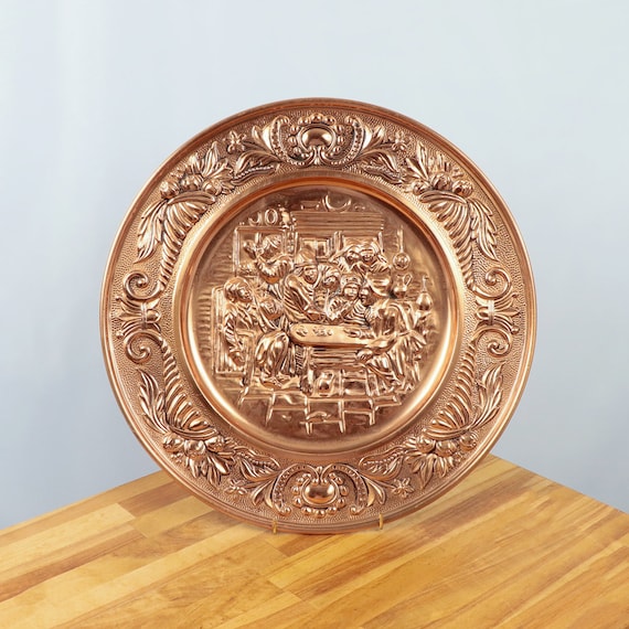 Copper Plate / Decor / Wall Hanging Vintage Solid Copper Scene at a Table  in a Bar Made in England 