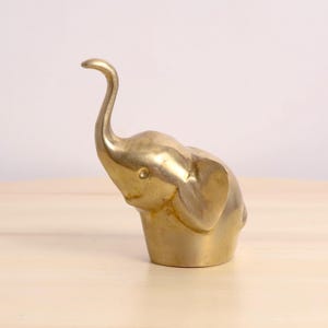 Vintage Solid Brass Elephant Figurine – Small Heavy Miniature Sculpture with Raised Trunk – Good Luck Decor