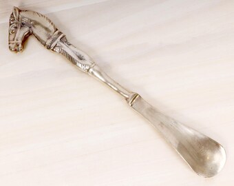 Vintage Schuhanzieher aus massivem Messing mit Pferdekopfgriff, schwerer Messingschuhanzieher, Geschenk für Pferdeliebhaber, Landhausdeko