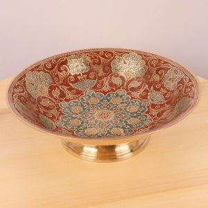 20 cm Bowl /dish || Vintage Solid Brass with red and blue  enamel || floral design || On stand || Made in India