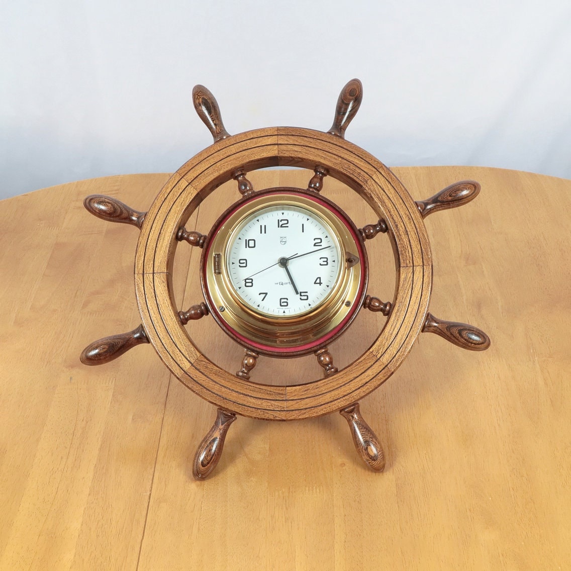 Vintage Brass Nautical Ships Wheel Clock Jeweled Electric Airguide