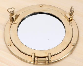 古いアンティーク真鍮製の船舶舷窓ミラー | ヴィンテージ船窓用壁飾り