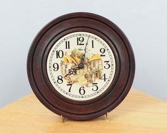 Vintage Ceramic  wall Clock in Wooden Frame  Quartz || Scene of a village street