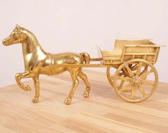 Horse Pulling a Carriage || Sculpture || Vintage Solid Brass || Horse with cart