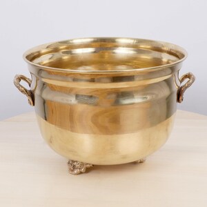 May include: A large, two-toned brass planter with ornate handles and feet. The upper portion has a darker finish, while the lower half is polished to a bright gold. This decorative container is suitable for indoor plants.