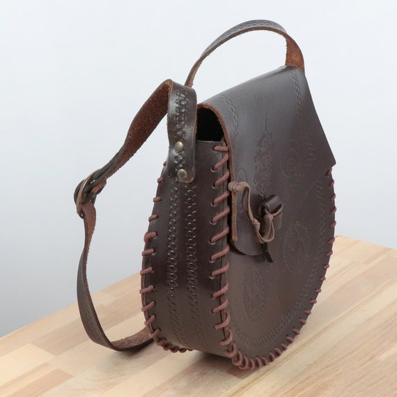 Leather  Bag || Vintage Handmade Real Leather shoulder bag / messenger || Dark brown leather || Pressed camel pictures View 5