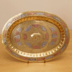 Vintage Brass oval shape tray / plate with floral / elephant design || it has copper and aluminium ornaments