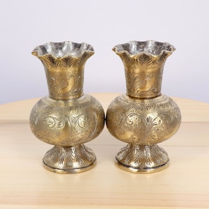 Antique 2 Small solid brass vases || handmade  etched floral ornaments