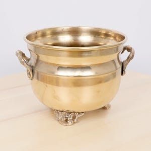 Puede incluir: Una jardinera de latón vintage con un cuerpo redondeado, dos asas ornamentadas y pies decorativos. La jardinera tiene un acabado dorado pulido y está diseñada para contener plantas o flores. El interior está abierto y listo para usar.